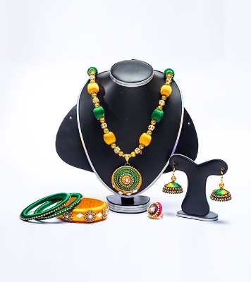 Picture of Green and Yellow Silk Thread Jewellery Set