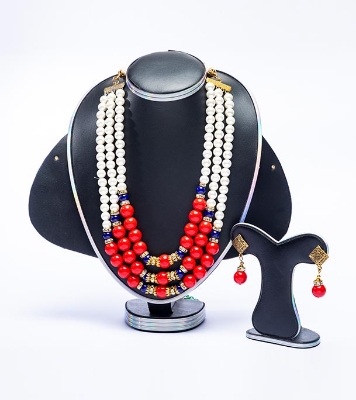 Picture of Red & White Color Stone Pearl Setting Jewellery Set