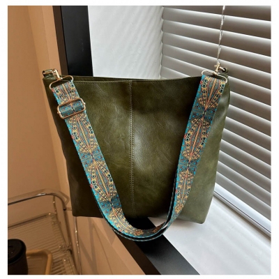Picture of Women's Textured Leather Shoulder Bag with Patterned Strap - Green