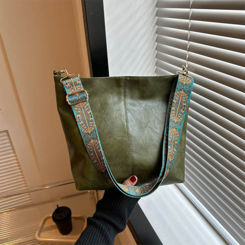 Picture of Women's Textured Leather Shoulder Bag with Patterned Strap - Green