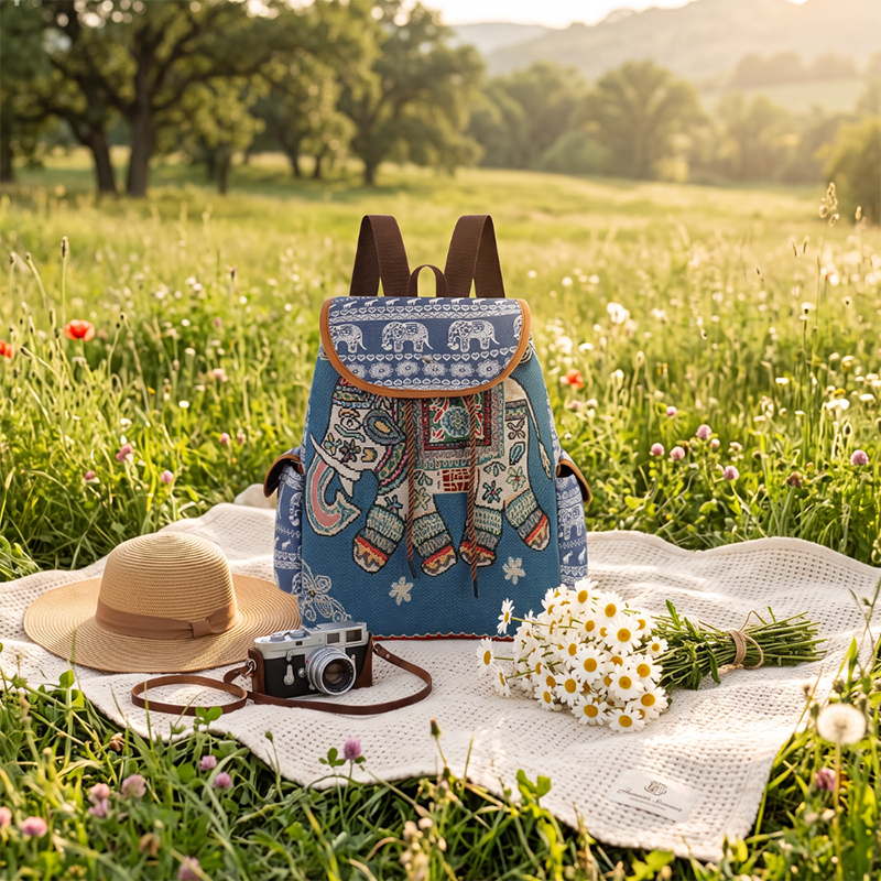 Picture of Large ethnic Style Backpack with Embroidered Elephant - Blue