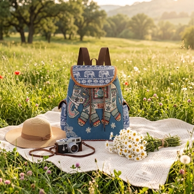 Picture of Large ethnic Style Backpack with Embroidered Elephant - Blue