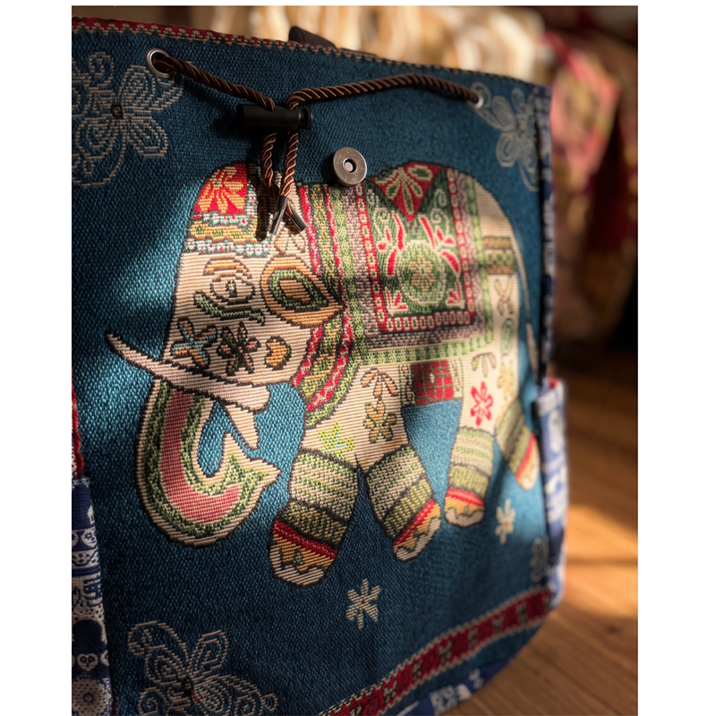 Picture of Large ethnic Style Backpack with Embroidered Elephant - Blue