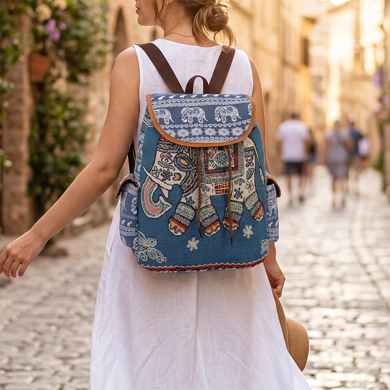 Picture of Large ethnic Style Backpack with Embroidered Elephant - Blue