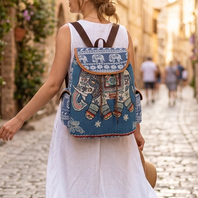 Picture of Large ethnic Style Backpack with Embroidered Elephant - Blue