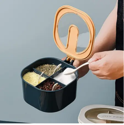Picture of Multi Storage 4 Section Kitchen Spices Lid Box With Spoons pice Storage Spice Containers with Serving Spoons Spices Storage Box-Multicolor