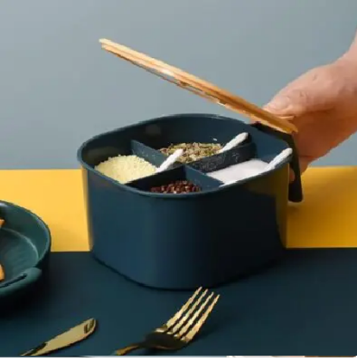 Picture of Multi Storage 4 Section Kitchen Spices Lid Box With Spoons pice Storage Spice Containers with Serving Spoons Spices Storage Box-Multicolor