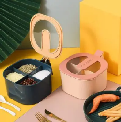 Picture of Multi Storage 4 Section Kitchen Spices Lid Box With Spoons pice Storage Spice Containers with Serving Spoons Spices Storage Box-Multicolor