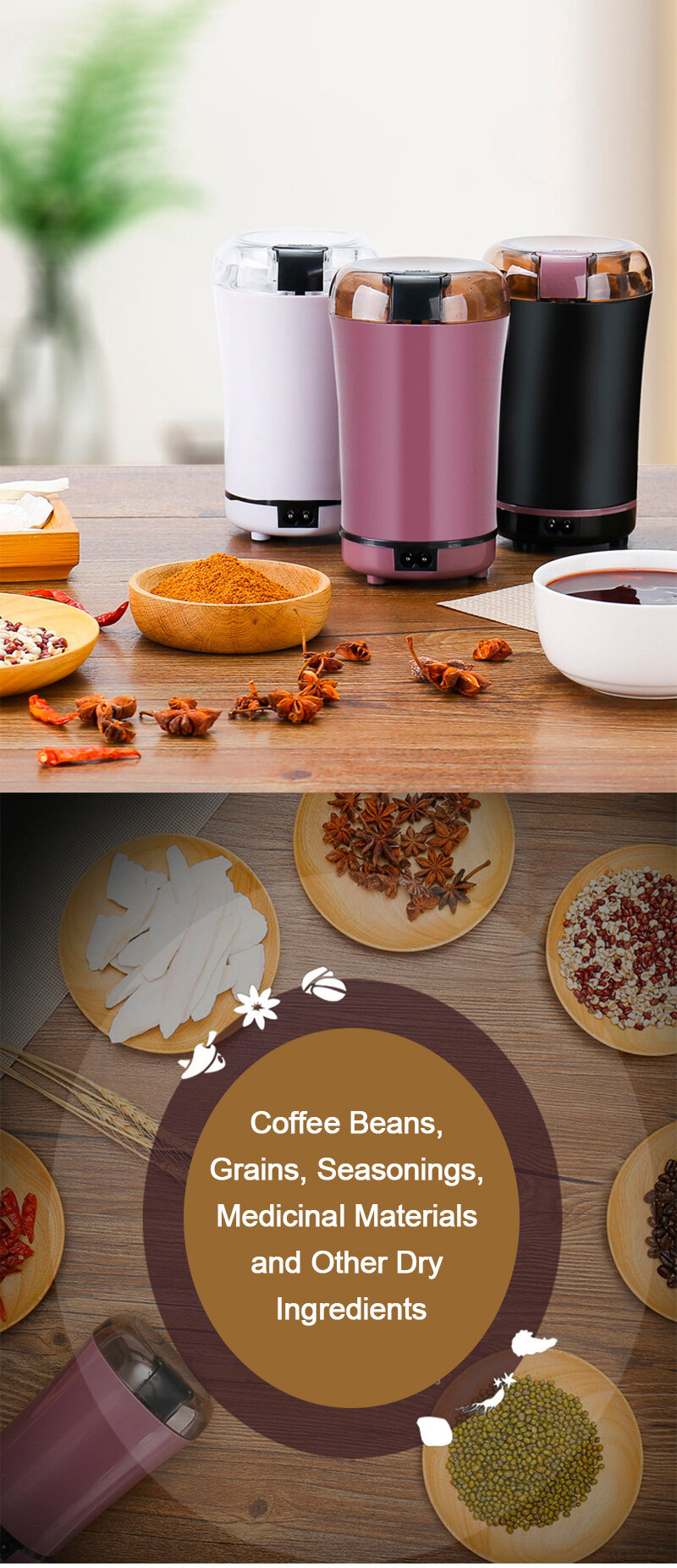 Picture of Mini Electric Coffee Grinder Powerful Cafe Grass Nuts Herbs Grains Pepper Tobacco Spice Flour Mill Coffee Beans Grinder Machine-Multicolor