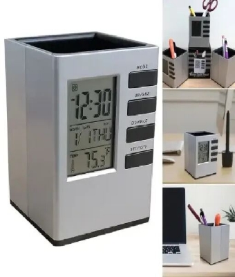 Picture of Pen Holder with Digital Watch - Silver Cube Desk Pen Stand With Digital Clock (Temperature , Alarm & Calendar) | smart pen holder-Silver