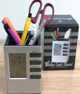 Picture of Pen Holder with Digital Watch - Silver Cube Desk Pen Stand With Digital Clock (Temperature , Alarm & Calendar) | smart pen holder-Silver