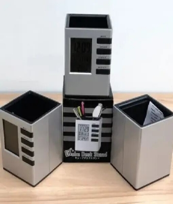 Picture of Pen Holder with Digital Watch - Silver Cube Desk Pen Stand With Digital Clock (Temperature , Alarm & Calendar) | smart pen holder-Silver