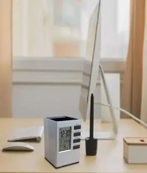 Picture of Pen Holder with Digital Watch - Silver Cube Desk Pen Stand With Digital Clock (Temperature , Alarm & Calendar) | smart pen holder-Silver