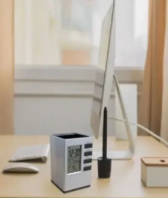 Picture of Pen Holder with Digital Watch - Silver Cube Desk Pen Stand With Digital Clock (Temperature , Alarm & Calendar) | smart pen holder-Silver