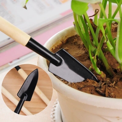 Picture of pcs Mini Garden Shovel Rake Spade Bonsai Tools Set Wooden Handle for Flowers Potted Plant Garden Tools Weeding Tools-Black