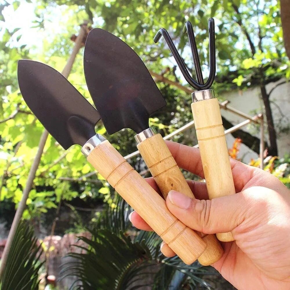 Picture of pcs Mini Garden Shovel Rake Spade Bonsai Tools Set Wooden Handle for Flowers Potted Plant Garden Tools Weeding Tools-Black