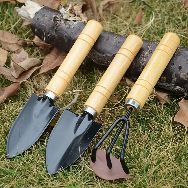 Picture of pcs Mini Garden Shovel Rake Spade Bonsai Tools Set Wooden Handle for Flowers Potted Plant Garden Tools Weeding Tools-Black