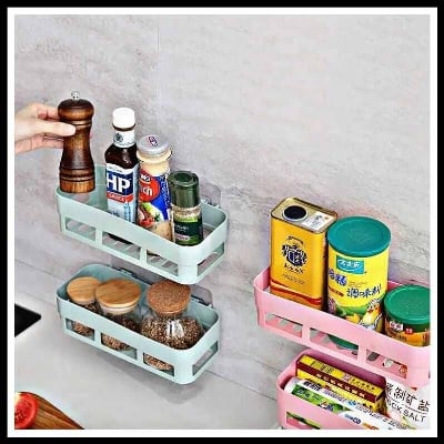 Picture of Home Adhesive Shower Shelf Kitchen Seasoning Shelf Bathroom Organizer Basket Adhesive Soap Dish Wall Mount Bathroom Organizer Storage Basket No Punching Storage Rack-Asia express-Multicolor