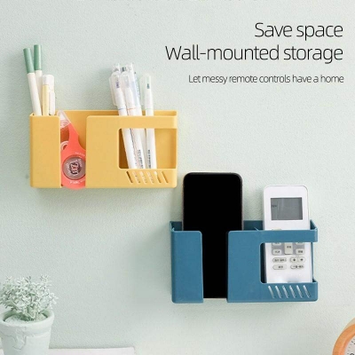 Picture of 2 in 1 Wall-mounted Mobile Phone Remote Control Storage Box Multifunctional Punch-free Storage Rack Wall Debris Storage Holder-Multicolor