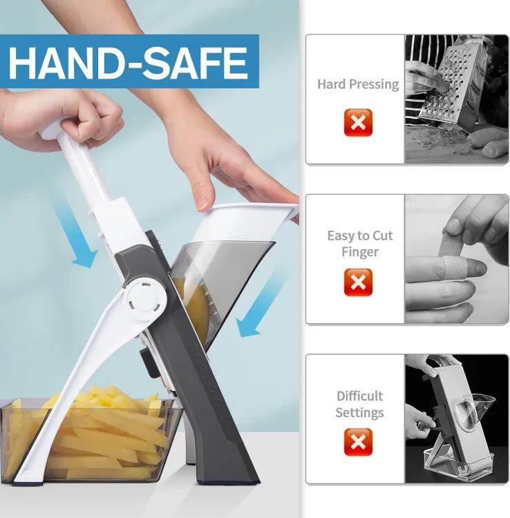Picture of 5 in 1 Adjustable Mandoline Slicer for Cooking and Food Prep Slicing, Strips, Shredding and Dicing Kitchen Veggie Chopper Artifact Vegetable Mandoline Adjustable Stainless Steel Blade, Vegetable Slicer, Onion Slicer, Non-Slip Base-Multicolor