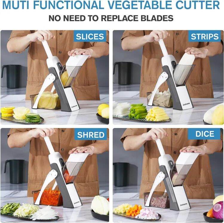 Picture of 5 in 1 Adjustable Mandoline Slicer for Cooking and Food Prep Slicing, Strips, Shredding and Dicing Kitchen Veggie Chopper Artifact Vegetable Mandoline Adjustable Stainless Steel Blade, Vegetable Slicer, Onion Slicer, Non-Slip Base-Multicolor