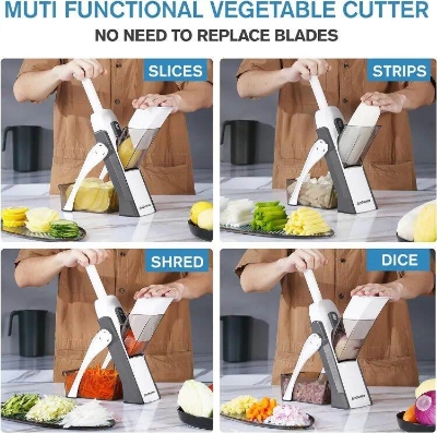 Picture of 5 in 1 Adjustable Mandoline Slicer for Cooking and Food Prep Slicing, Strips, Shredding and Dicing Kitchen Veggie Chopper Artifact Vegetable Mandoline Adjustable Stainless Steel Blade, Vegetable Slicer, Onion Slicer, Non-Slip Base-Multicolor