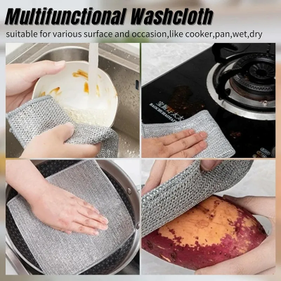 Picture of Asia Express 2/5/10pcs Multipurpose Wire Dishwashing Rag for Wet and Dry Double Layer Non-Scratch Wire Dishcloth Rag Iron Scrubber Microfiber Dishcloth-2pcs