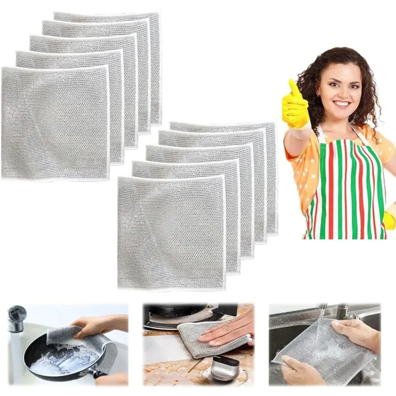 Picture of Asia Express 2/5/10pcs Multipurpose Wire Dishwashing Rag for Wet and Dry Double Layer Non-Scratch Wire Dishcloth Rag Iron Scrubber Microfiber Dishcloth-2pcs