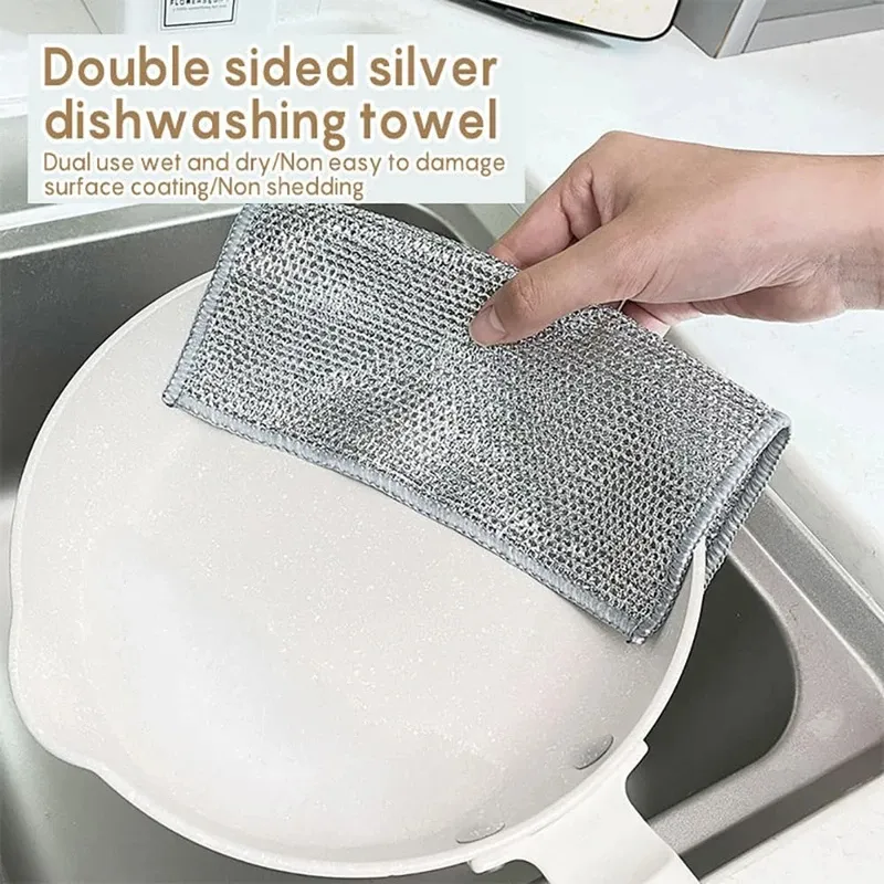 Picture of Asia Express 2/5/10pcs Multipurpose Wire Dishwashing Rag for Wet and Dry Double Layer Non-Scratch Wire Dishcloth Rag Iron Scrubber Microfiber Dishcloth-2pcs