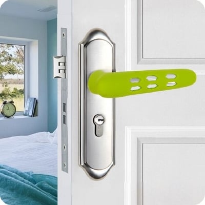 Picture of Door Handle Covers,Silicone Door Handle Glove Covers Door Knob Covers Anti-Slip Safety Door Lever Protectors with Anti-Collision Adhesive Strip for Flat Square Door Levers-Green