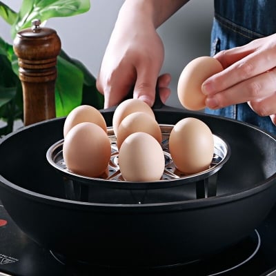 Picture of 18cm Round Stainless Steel Steamer with Water Separation Design for Cooking Steamed Foods,Egg Boiler, Detachable Egg Steaming Rack Included-The Asia Express-Silver