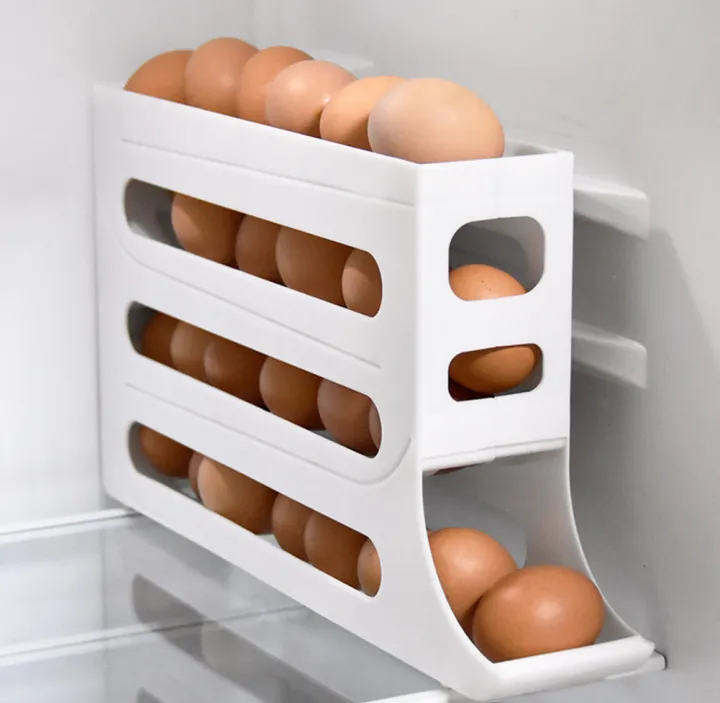 Picture of Slide Egg Storage Box Refrigerator Side Door Storage Box Automatic Scrolling Egg Holder Tray 4 Layer Rolling Egg Dispenser Rack-The Asia Express-Yellow