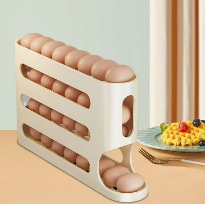 Picture of 4 Layer Egg Storage Box Refrigerator Side Door Storage Box Automatic Scrolling Egg Holder Tray Rolling Egg Dispenser Rack-Yellow
