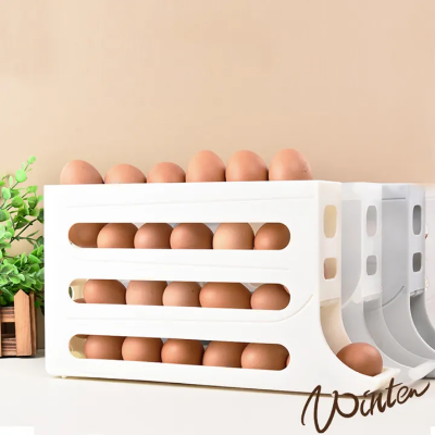 Picture of 4 Layer Egg Storage Box Refrigerator Side Door Storage Box Automatic Scrolling Egg Holder Tray Rolling Egg Dispenser Rack-Yellow