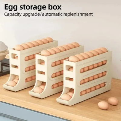 Picture of 4 Layer Egg Storage Box Refrigerator Side Door Storage Box Automatic Scrolling Egg Holder Tray Rolling Egg Dispenser Rack-Yellow