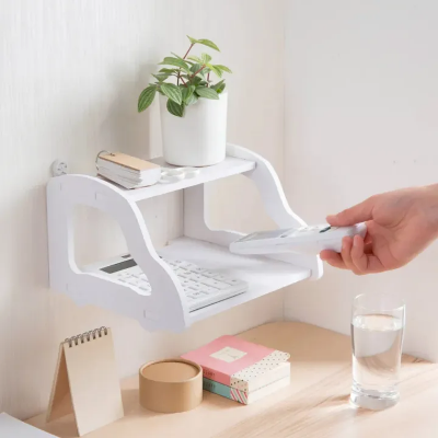 Picture of PVC Wall Wifi Router Shelf Living Room TV Set-top Box Shelf Car Router Storage Rack Multimedia Storage Shelf 2 Layer Mordern Shelf-White