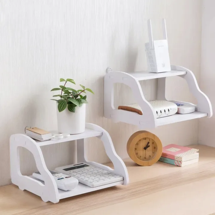 Picture of PVC Wall Wifi Router Shelf Living Room TV Set-top Box Shelf Car Router Storage Rack Multimedia Storage Shelf 2 Layer Mordern Shelf-White