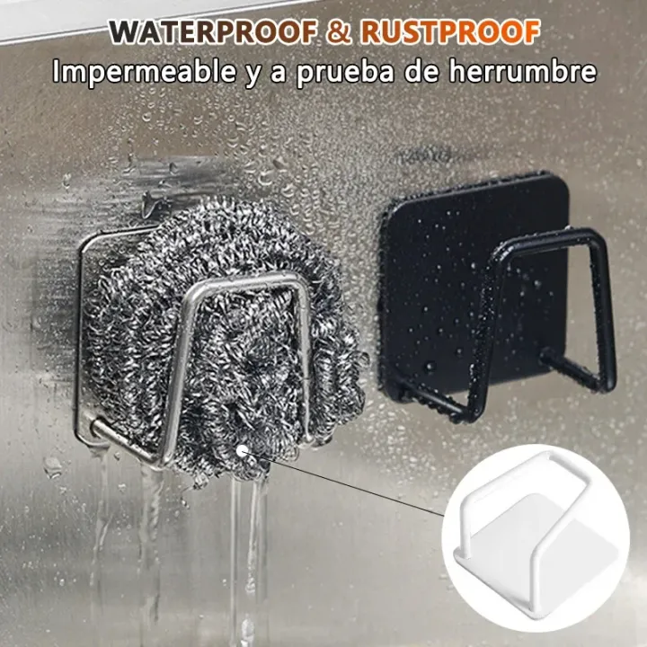 Picture of 1/2/4pcs Kitchen Sponges Holder Stainless Steel Sink Sponges Drain Self Adhesive Storage Holder Wall Hooks Kitchen Tool (silver/Black)