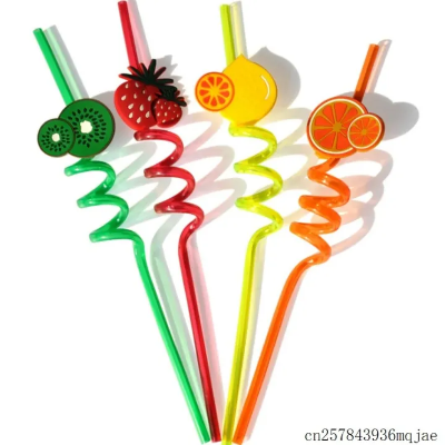 Picture of 3D Fruit Shape Drinking Straws Reusable Straw Cartoon Lime Lemon Pineapple Watermelon Plastic Spiral Drinking Straws,Juice Pipe Multi Design-The Asia Express-Multicolor