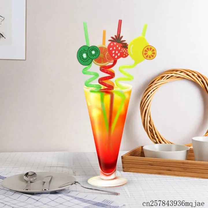 Picture of 3D Fruit Shape Drinking Straws Reusable Straw Cartoon Lime Lemon Pineapple Watermelon Plastic Spiral Drinking Straws,Juice Pipe Multi Design-The Asia Express-Multicolor