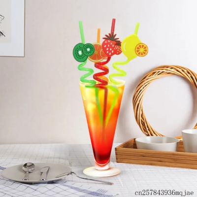 Picture of 3D Fruit Shape Drinking Straws Reusable Straw Cartoon Lime Lemon Pineapple Watermelon Plastic Spiral Drinking Straws,Juice Pipe Multi Design-The Asia Express-Multicolor