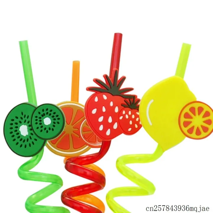 Picture of 3D Fruit Shape Drinking Straws Reusable Straw Cartoon Lime Lemon Pineapple Watermelon Plastic Spiral Drinking Straws,Juice Pipe Multi Design-The Asia Express-Multicolor