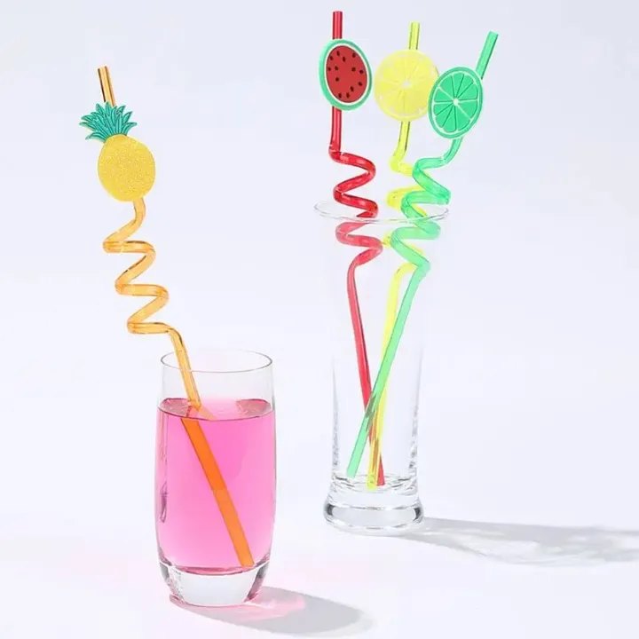 Picture of 3D Fruit Shape Drinking Straws Reusable Straw Cartoon Lime Lemon Pineapple Watermelon Plastic Spiral Drinking Straws,Juice Pipe Multi Design-The Asia Express-Multicolor