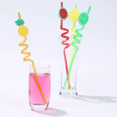 Picture of 3D Fruit Shape Drinking Straws Reusable Straw Cartoon Lime Lemon Pineapple Watermelon Plastic Spiral Drinking Straws,Juice Pipe Multi Design-The Asia Express-Multicolor