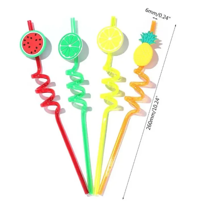 Picture of 3D Fruit Shape Drinking Straws Reusable Straw Cartoon Lime Lemon Pineapple Watermelon Plastic Spiral Drinking Straws,Juice Pipe Multi Design-The Asia Express-Multicolor