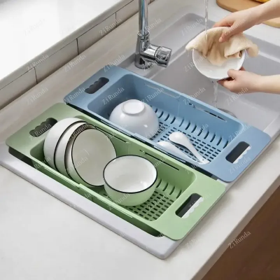 Picture of Retractable Drain Basket Sink Drain Basket Rectangular Drain Basin Kitchen Household Plastic Wash Basin Drain Bowl Rack-The Asia Express-Multicolor