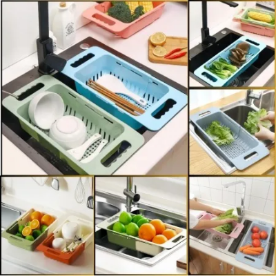 Picture of Retractable Drain Basket Sink Drain Basket Rectangular Drain Basin Kitchen Household Plastic Wash Basin Drain Bowl Rack-The Asia Express-Multicolor