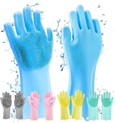Picture of Silicone Dishes Washing Glove with Cleaning Brush Kitchen Housekeeping Washing Glove 100% Food Grade Dishwashing Gloves Pet Grooming Cleaning Gloves Dog Cat Bathing Shampoo Glove Scrubber- The Asia Express-Multicolor