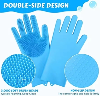 Picture of Silicone Dishes Washing Glove with Cleaning Brush Kitchen Housekeeping Washing Glove 100% Food Grade Dishwashing Gloves Pet Grooming Cleaning Gloves Dog Cat Bathing Shampoo Glove Scrubber- The Asia Express-Multicolor