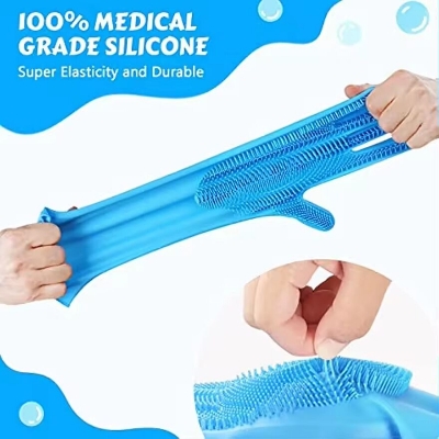Picture of Silicone Dishes Washing Glove with Cleaning Brush Kitchen Housekeeping Washing Glove 100% Food Grade Dishwashing Gloves Pet Grooming Cleaning Gloves Dog Cat Bathing Shampoo Glove Scrubber- The Asia Express-Multicolor